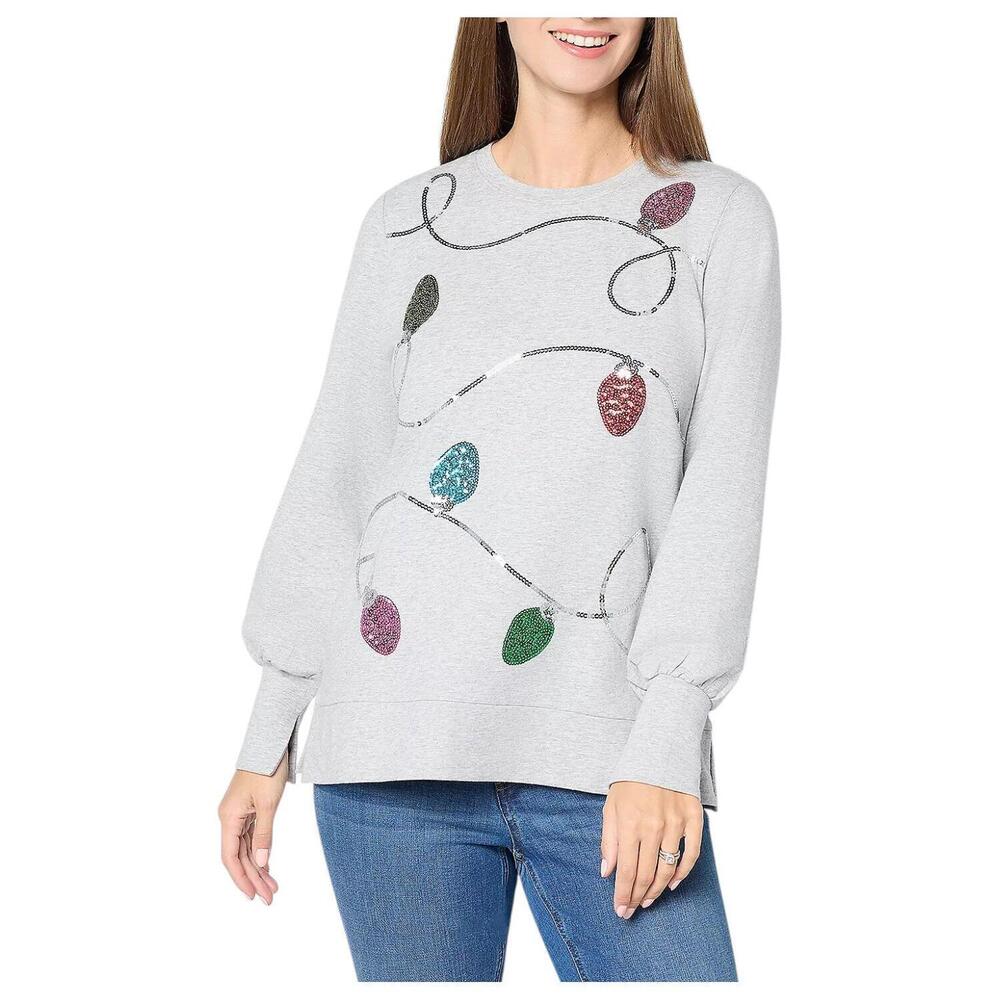 Jingle Belles by Kim Gravel Women's Sequin Holiday Lights Top Gray - Regular